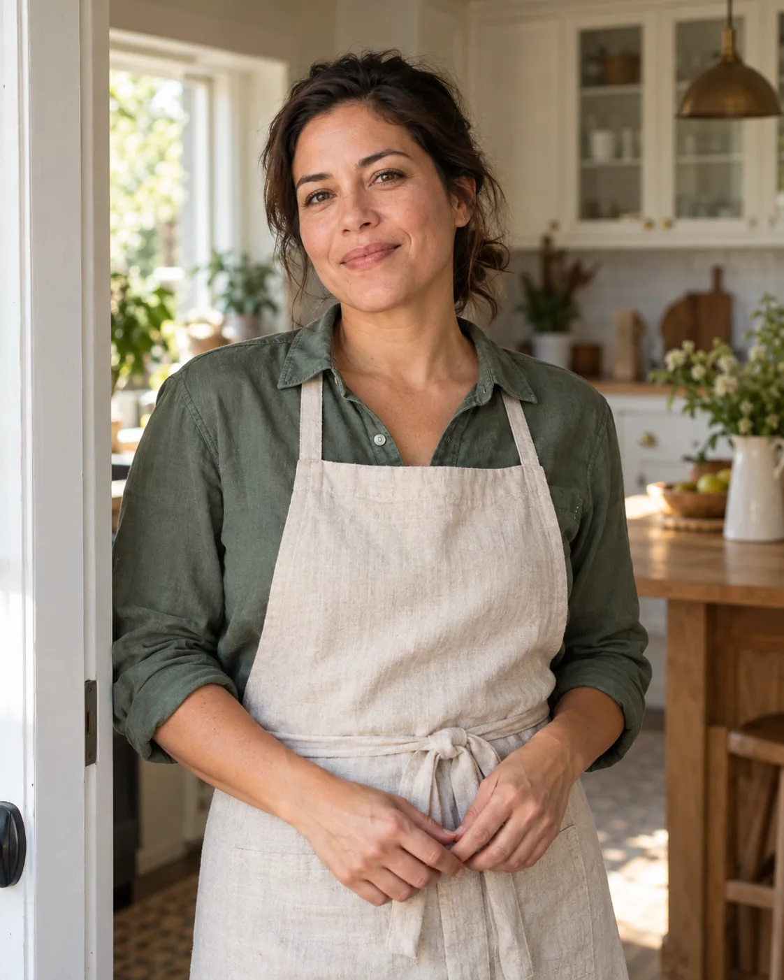 AI-generated portrait of fictional owner Marisol in a green work shirt and linen apron.