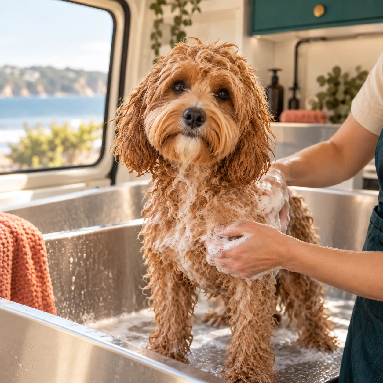 The same apricot dog being gently shampooed in the van's grooming bath, with its face kept clear.