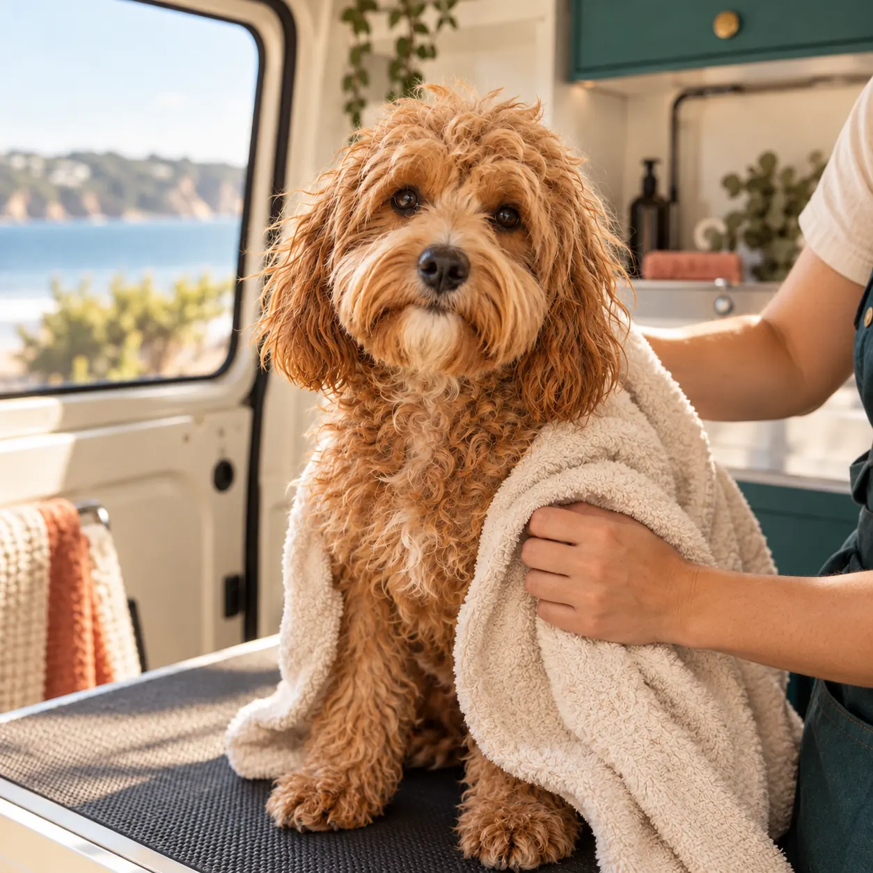 The apricot dog being gently towel-dried by the groomer on a non-slip mat.