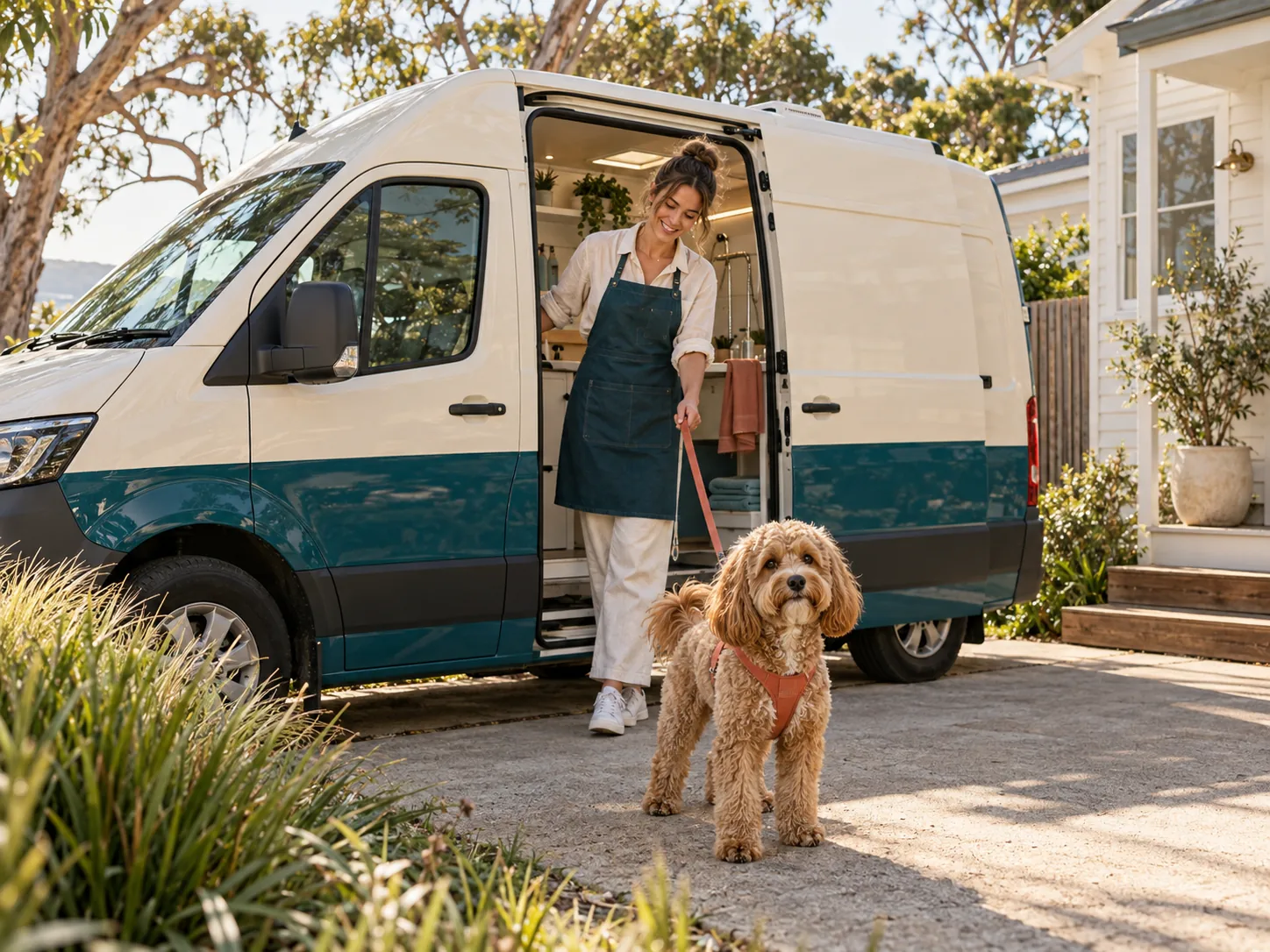 Jess with an apricot dog beside a cream and teal grooming van outside a coastal home; AI-generated demo photograph.